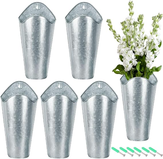 6 Pack 12 Inch Tall Galvanized Metal Wall Planter, Metal Wall Vases, Galvanized Hanging Wall Vase Planters for Flowers,Rustic Home Wall Decor, Farmhouse Decor