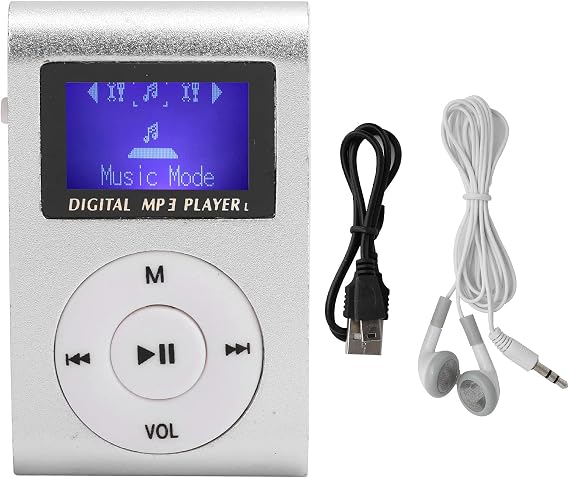 MP3 Music Player with Clip, USB & LCD Screen, Supports 32GB Memory Card, Earphone & USB Cable (Silver)