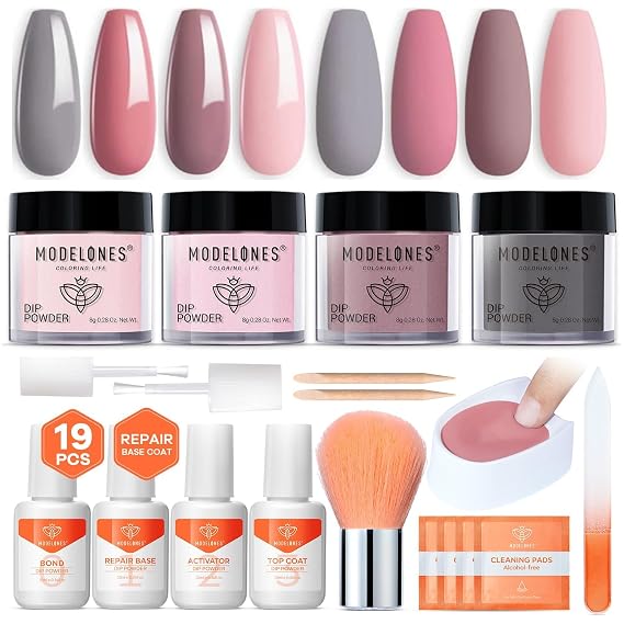 Modelones Dip Powder Nail Kit, 4 Colors Grey Pink Dipping Starter Set with Liquid and Complete Accessories for French Nails Art Salon DIY at Home Manicure