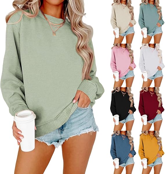Womens Casual Crewneck Sweatshirts Fall Long Sleeve Pullover Drop Shoulder Ribbed Cuffs Hem Oversized Sweatshirt