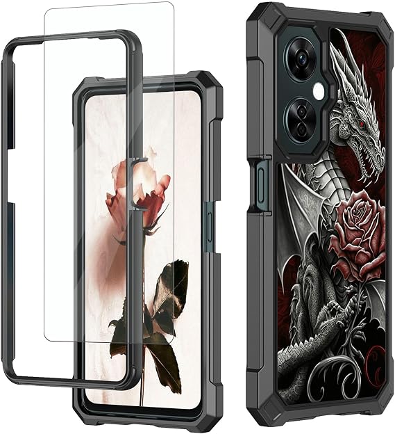 for OnePlus Nord N30 5G Case,Nord N30 5G Phone Case with Glass Screen Protector,Heavy Duty Rugged Hard PC & Soft TPU Shockproof Protective Phone Case for Nord N30 5G-Rose Dragon