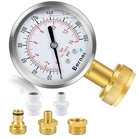Water Pressure Gauge Kit, Glycerin Filled Test with Lead-Free Brass Hose Fittings, 3/4'' Female Coupler Plus 5 Adapters to in Multiple Systems, 2-2/3'' dial, 0-200 Psi