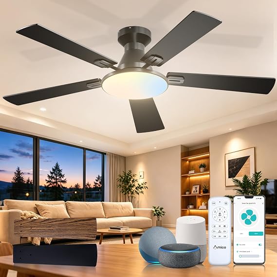 Amico 52 Inch Smart Ceiling Fans with Lights, Flush Mount, Black