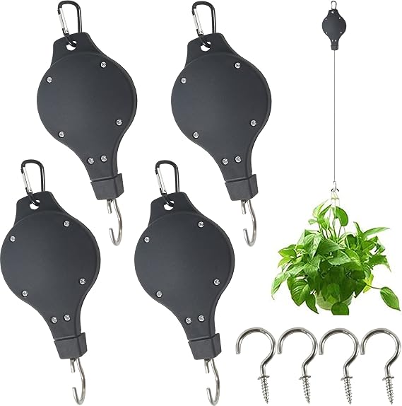 YOOHUA 4PCS Plant Pulley Retractable Hanger with 4PCS Ceiling Hooks Adjustable Heavy Duty Plant Flower Baskets Hooks Hanging for Hanging Baskets& Bird Feeder in Different Height Lower and Raise