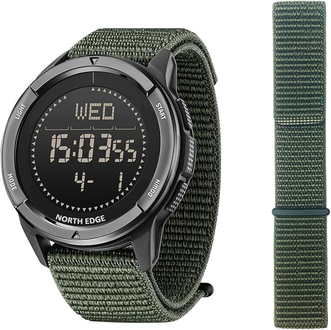 NORTH EDGE ALPS Outdoor Watch for Men Bundle with Extra 24mm Nylon Strap, Green Watch + Black Replacement Band