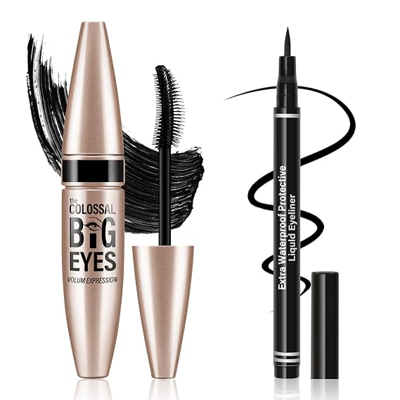 2-in-1 Black Mascara Eyeliner Pencil Set, Volume Length Mascara & Waterproof Eyeliner, Smudge-proof, Long-lasting & No Clumping