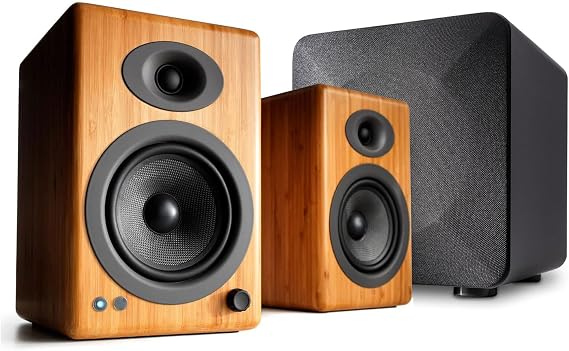 Audioengine A5 Bamboo Wireless Bookshelf Speakers and 210W S6 Subwoofer with Remote