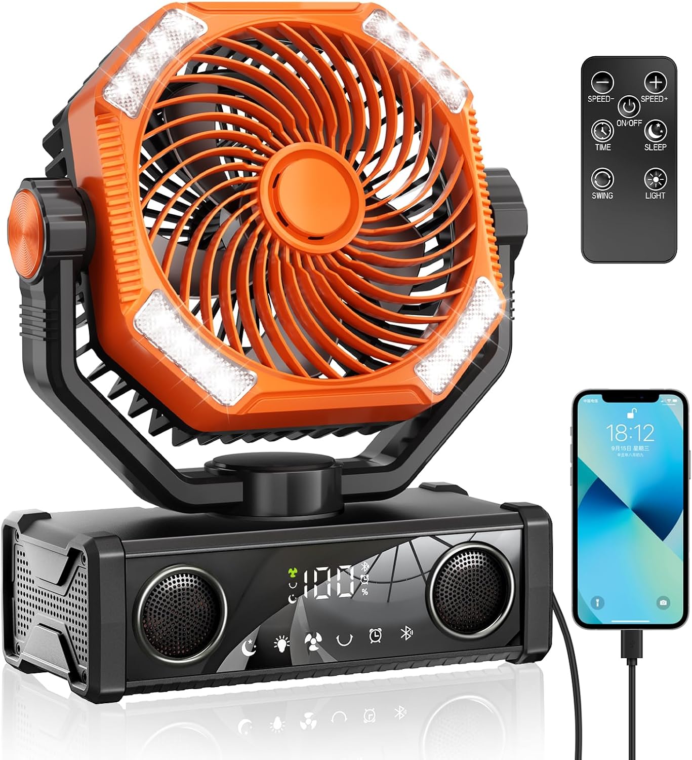 2025 Camping Fan with Wireless Speakers, 20000mAh rechargeable Battery Powered Fan with LED Light & Remote, 5 Speeds & Hook, USB Fans for Travel, IndoorOutdoor, Camping Essentials Orange