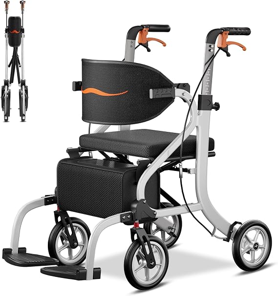 2 in 1 Walker Wheelchair Combo, Rollator Walker with Seat | 17 lbs Lightweight Transport Chair for Seniors, 8" All-Terrain Wheels, Pre-Assembled Compact Travel Mobility Chair