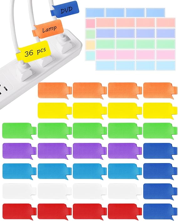SummerBrite Reusable Write On Cable Labels Wire Tags, 36 Pack, Rectangle | Reusable 8-color cable tags, 40 write-on stickers included, ideal for PC, network, home & office cord management