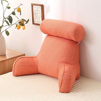 Reading Pillows for Sitting in Bed Back Rest Pillow w/ Armrest for Adult Ultra-Comfy Detachable Linen Cover & Removable Neck Roll