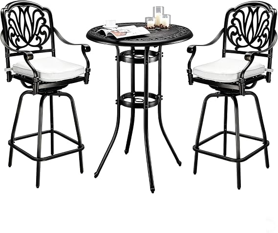 VINGLI 3 Piece Outdoor Bar Set, Cast Aluminum Outdoor Swivel Bar Stools and Table w/Umberlla Hole, All-Weather Outdoor Bar Table and Chairs Set w/Cushions for Patio Balcony (Black, Elizabethan Back)