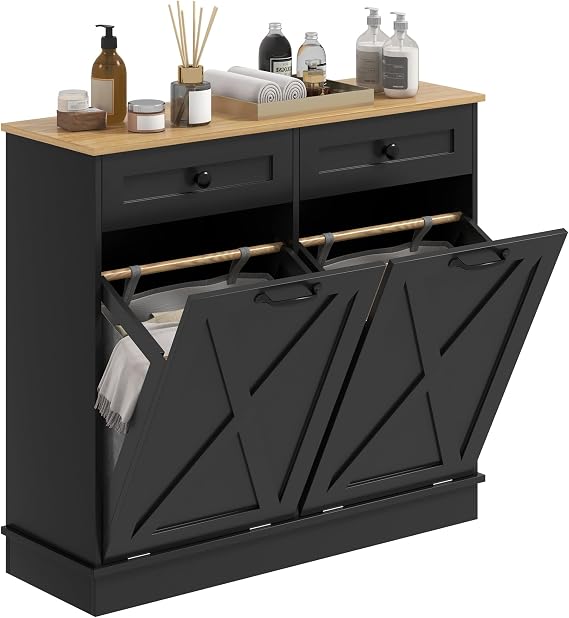 HOMCOM Tilt Out Laundry Hamper Cabinet with 2 Removable Baskets, Black