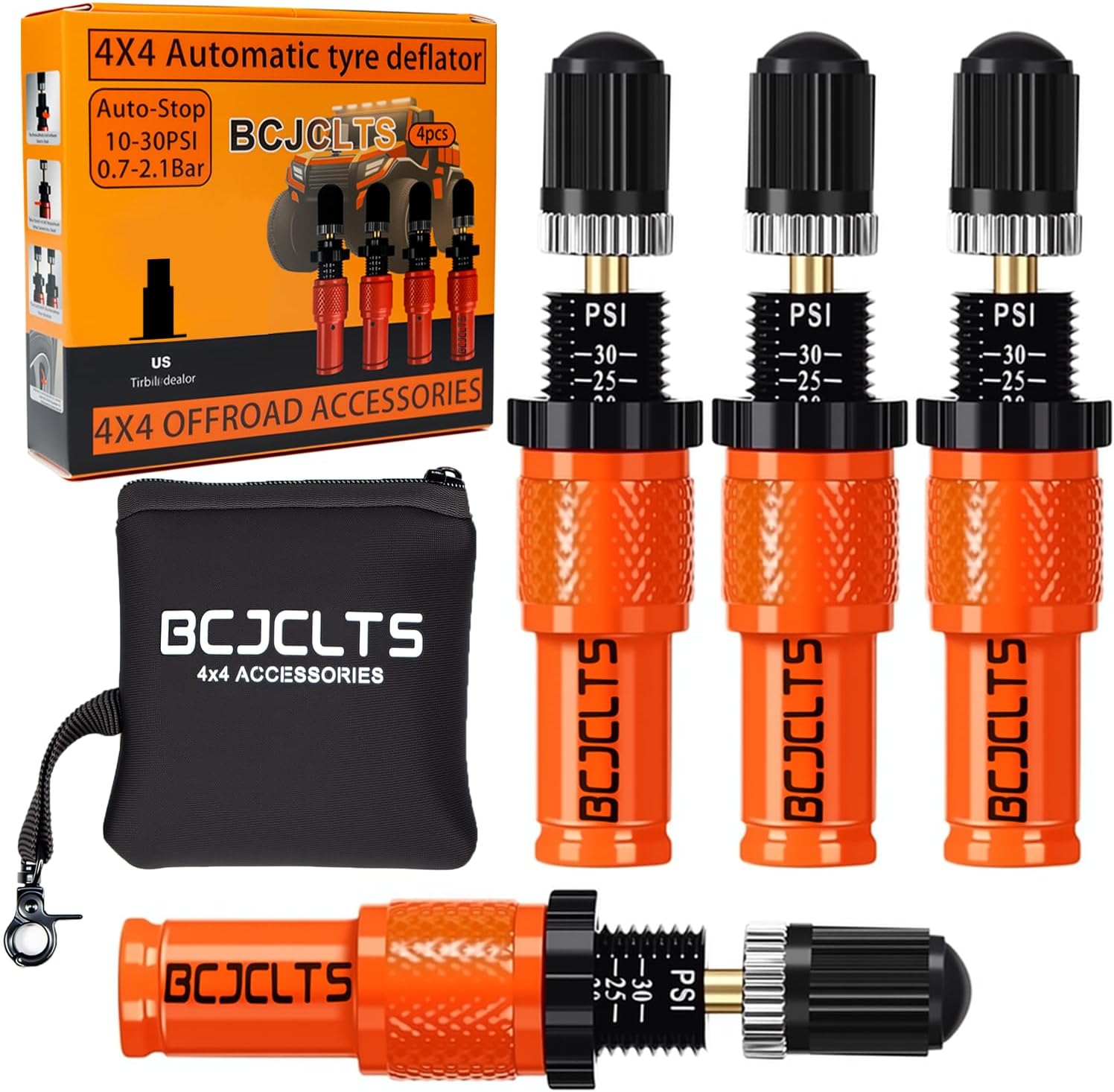 Adjustable Auto-Stop Tire Deflator Valve Kit (10-30 PSI) Tire Air Down Tool Offroad 4x4 Accessories for Truck, Pickup, Motorcycle,Jeep etc.(Orange)