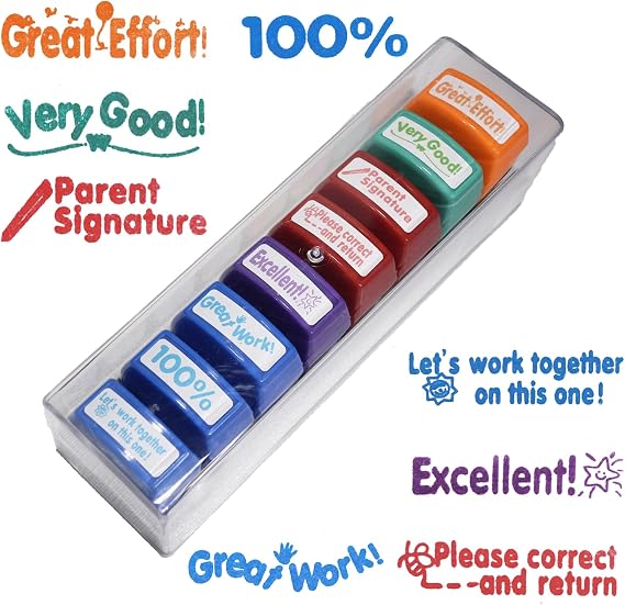 WAFJAMF 8 Pcs Teacher Stamps Self Inking Motivational Grading Set Box