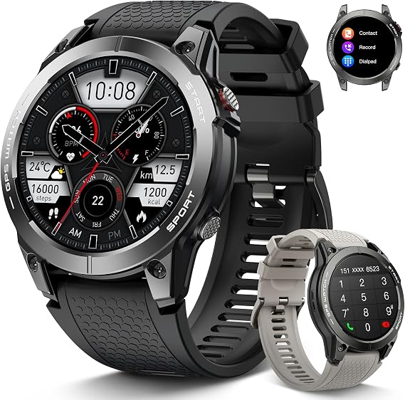 Smart Watch for Men Fitness Tracker GPS: Military Smart Watches for Android/iPhone Gps Watch 1.43" AMOLED Make Answer Call Running Digital Mens Watches Samsung Compatible Step Tracker Heart Monitor