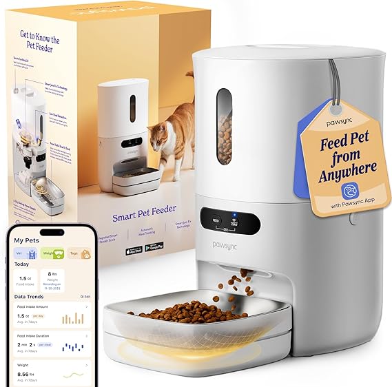 Pawsync Automatic Cat Feeder, WiFi & Smart Scale, Remote Feeding | Tracks Pet's Food Intake, 3.6L Timed Food Dispenser, Up to 10 Meals Per Day, Dual Power Supply, Stainless Steel Bowl