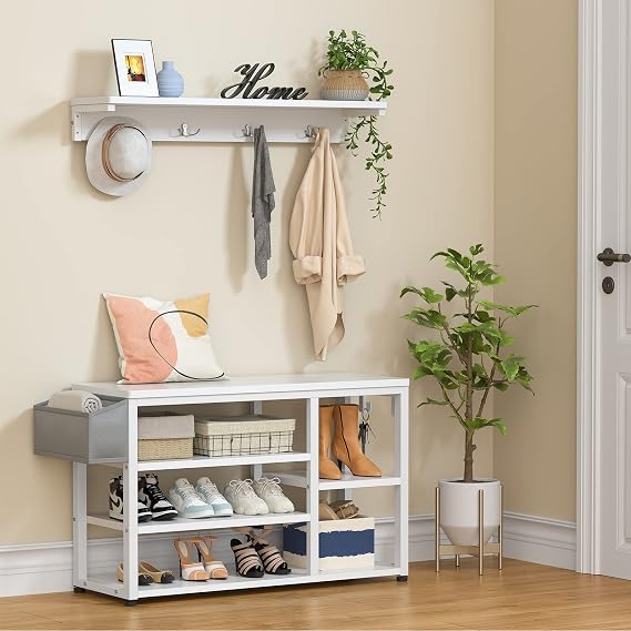 Aiho Hall Tree with Shoe Bench, Industrial 4 in 1 Coat/Shoe Rack with 4 Hooks, 5 Storage Cubbies, for Entryway, Hallway, White