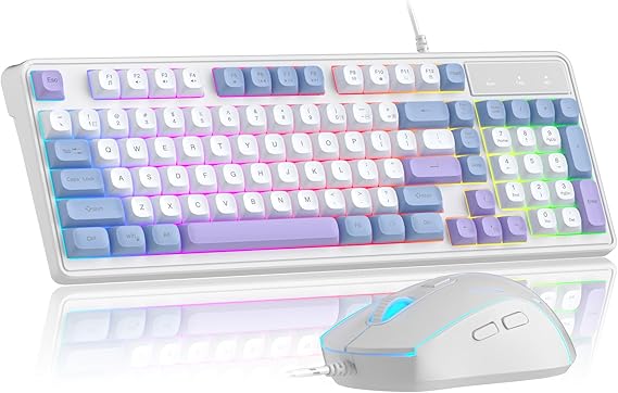 Gradient Creamy Keyboard and Mouse Combo,MageGee GK980 Wired RGB Backlit Keyboard and Gradient Purple Gaming Mouse Combo (Blue White Purple)