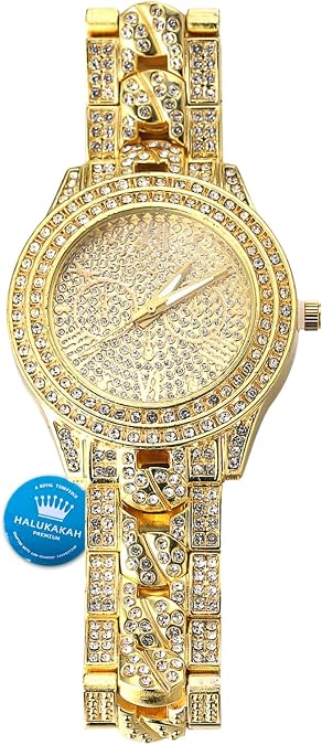 Halukakah Diamond Gold Watch for Men - THE CUBAN LINK - Iced Out Men's 18k Real Gold/Platinum White Gold Plated Cuban Chain Band Quartz Wristband 9.5",Cuban Link Chain 8"+18" Necklace Bracelet Set,Full Cz Diamonds,FREE Giftbox