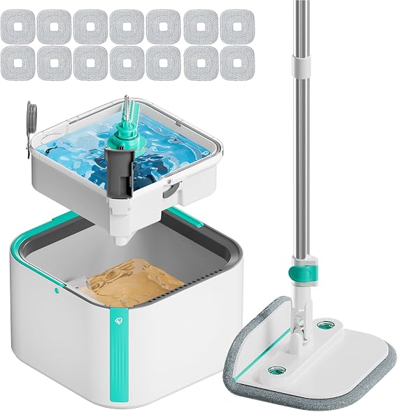 Upgraded Spin Mop and Bucket Self-Standing Mop Bucket Separate Dirty and Clean Water System Self Wringing 360 Rotating Clean Mop and Bucket Set with14Pads Mop-Blue