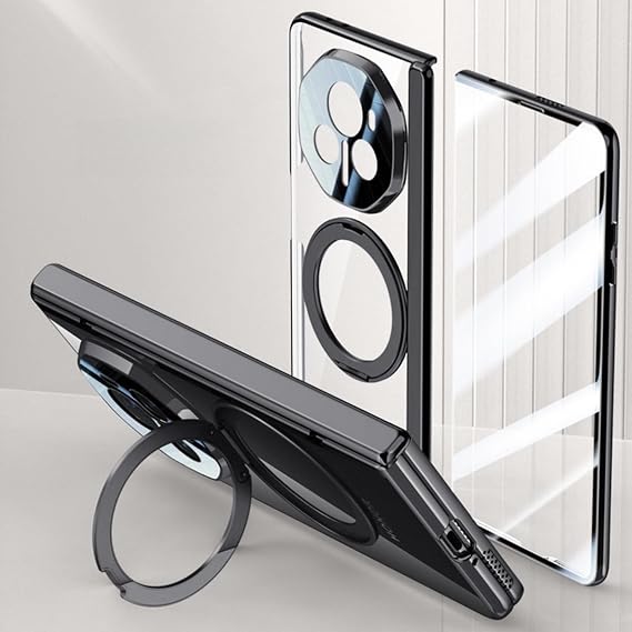 Case for Honor Magic V3, Lightweight, Ultra-Thin, Transparent and Shock-Resistant Case with Built-in Screen Protector and Rotating Ring Stand (Black,for Magic V3)