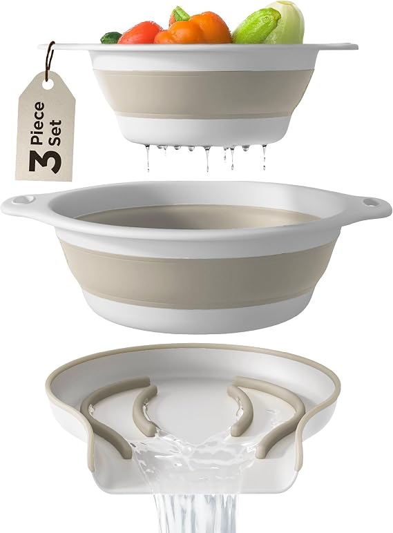 GEVOLI Collapsible Colanders (Pack of 2) - Food Colanders with Draining Base for Sink, Ideal for Pasta, Fruit and Vegetables (4L & 5L) - White/Beige