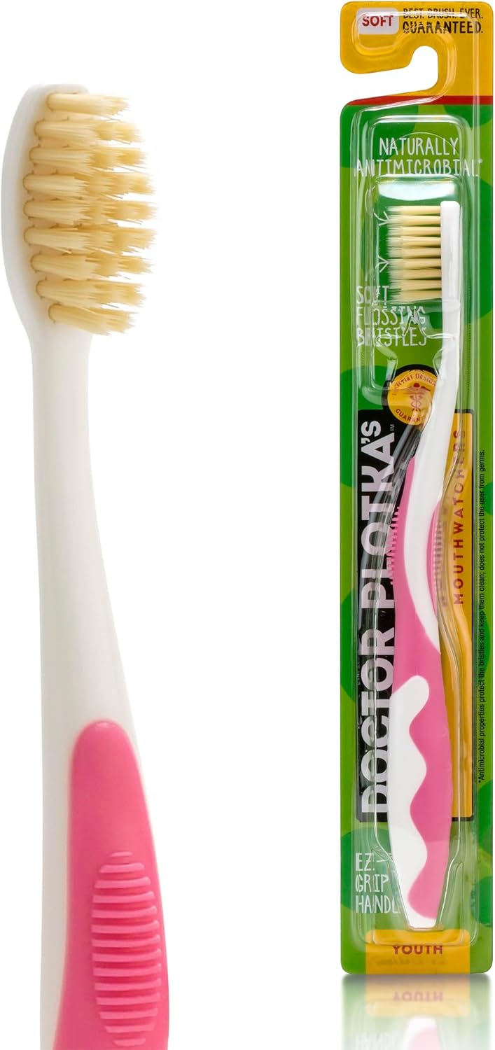 Doctor Plotka's Mouthwatchers Antimicrobial Floss Bristle Silver Toothbrush, Youth, Pink