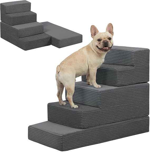 Dog Stairs for Small Dogs, 22" H Dog Steps for High Bed | 5 Steps 3 in 1 Foldable Pet Ramp for Large Cats Climb, Transformable Large Cats Ramp to Get on Couch, Dark Grey