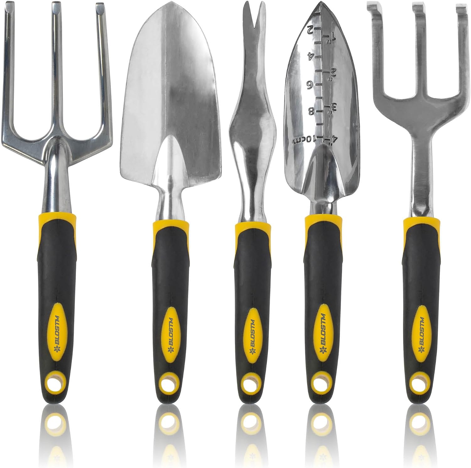BLOSTM Gardening Tools Set 5 PCS - Heavy Duty Garden Tools for Gardening with Ergonomic Handles, Anti-Rust Trowel and Fork Set, Weeding Fork, Transplanter Trowel Set, Hand Rake