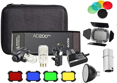 Godox AD200 Pro Kit AD200Pro 200Ws 2.4G Flash Strobe, 18000 HSS, 500 Full Power Flashes, 0.01-1.8s Recycling, 2900mAh Battery, Bare BulbSpeedlite Fresnel Flash Head Monolight Outdoor Speedlite