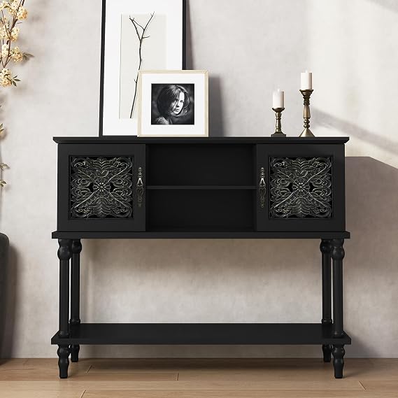 ARTPOWER 42" Vintage Console Table with Hand-Carved Doors for Hallway,Black | Retro Entryway Table with Storage, Sofa Table with Open Storage Shelves for Entryway, Hallway, Foyer, Living Room