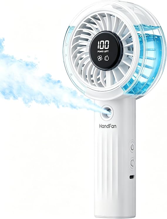 HandFan Upgraded Misting Fan with LED Display Extreme Cooling Portable Handheld Fan with Water Mist Spray, 50% Stronger Airflow & Quieter, USB Rechargeable for Travel/Park/Disney/Beach/Concert/Game