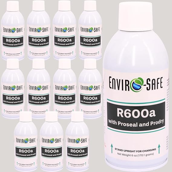 ENVIRO-SAFE R600a Refrigerant W/Proseal and Prodry - 6oz Upright Self Sealing Style Top for HVAC & Refrigeration Use | 99.7% Purity | EPA Approved Hydrocarbon (12 Cans Only)