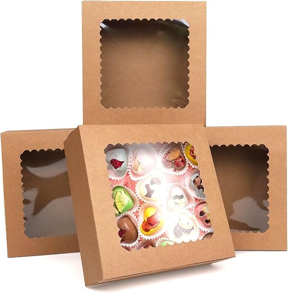 24 Pack Kraft Bakery Boxes with Window, 20.4 x 20.4 x 6.4cm(8x8x2.5 inch) Cookie Boxes Square Packaging Box for Cookies, Cupcakes, Biscuits, Desserts, Pies, Party Favors