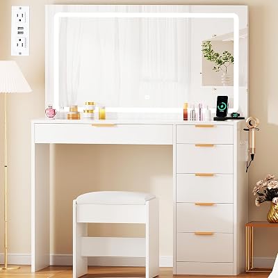 ANWBROAD 39 Makeup Vanity Desk with Mirror and Lights with 6 Drawers and Charging Station Girls Vanity with Glass Top,3 Color Modes Adjustable,White for Bedroom UBDT79A