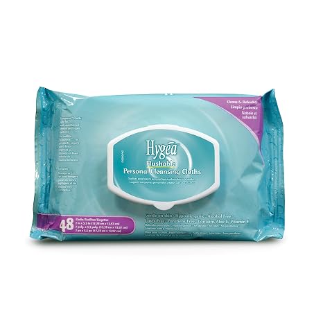Hygea Flushable Wipes, 48 Count, Plant-Based, Septic-Safe Moist Toilet Wipes, Gentle, Hypoallergenic Personal Cleansing Wipes with Aloe & Vitamin E, Alcohol & Paraben Free