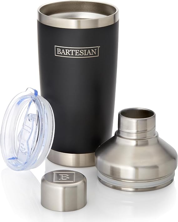 Bartesian Insulated CocktailShaker - Double Walled Vacuum Insulated Home Bar Shaker with Built-In Strainer & Drinking Lids