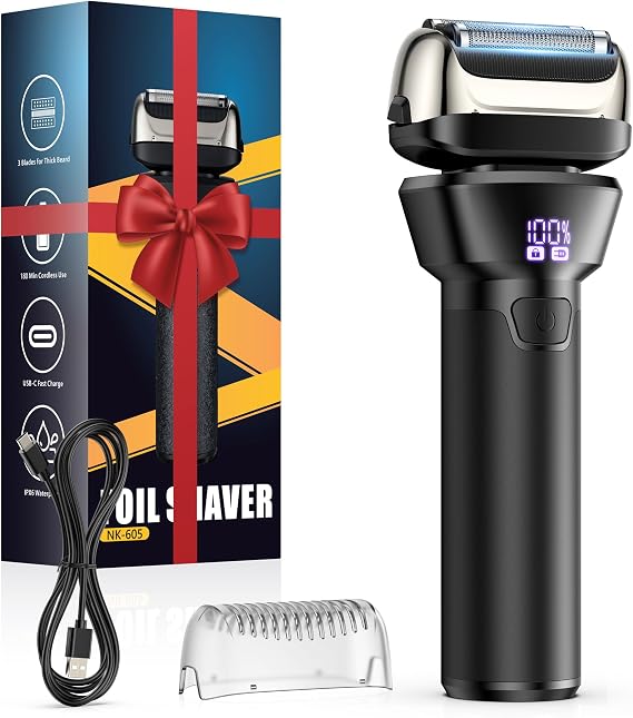 Electric Foil Shavers for Men Electric Razor with 4D Flex Floating Heads,Rechargeable Beard Trimmer with LED Display,Cordless Face Shaver for Travel,IPX6 Waterproof Wet Dry Face Razor,USB Type C