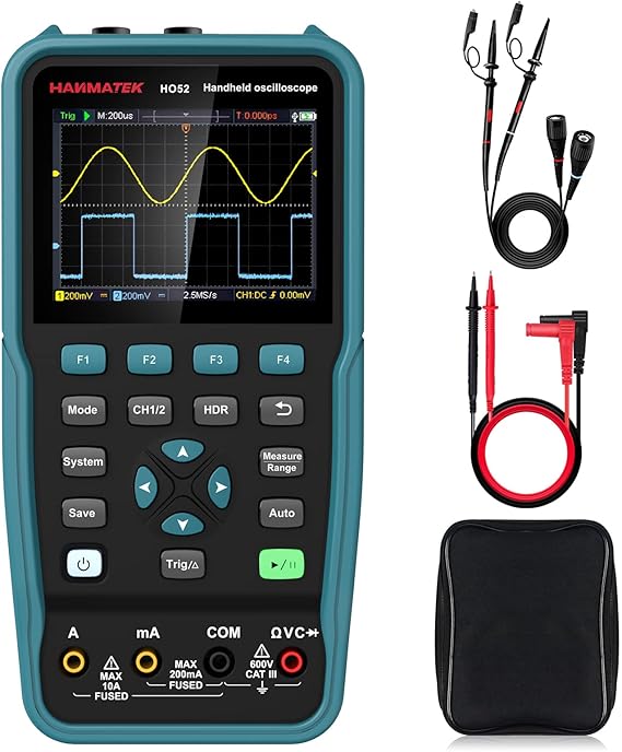 HANMATEK Handheld Digital Oscilloscope 50Mhz Bandwidth with 2 Channels HO52 3.5" TFT Mini Oscilloscope, 2 in 1 Oscilloscope and Multimeter, Backlit Screen, Auto-Calibration Function, Memory Function