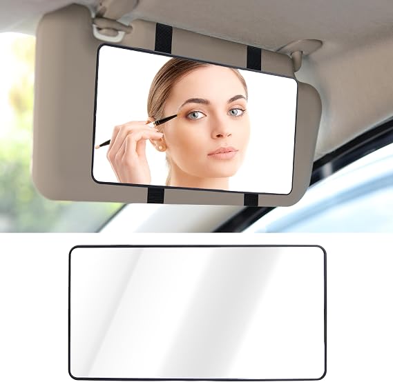 Car Visor Mirror, Sun Visor Mirror with Straps (Black) | Cosmetic Makeup Visors Mirrors for Trucks Cars SUVs, Car Mirrors Vanity for Womens, Universal Interior Cars Accessories