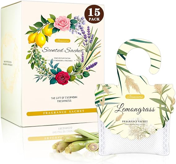 15 Packs Lemongrass Scented Sachets for Drawers and Closets, Air Freshener