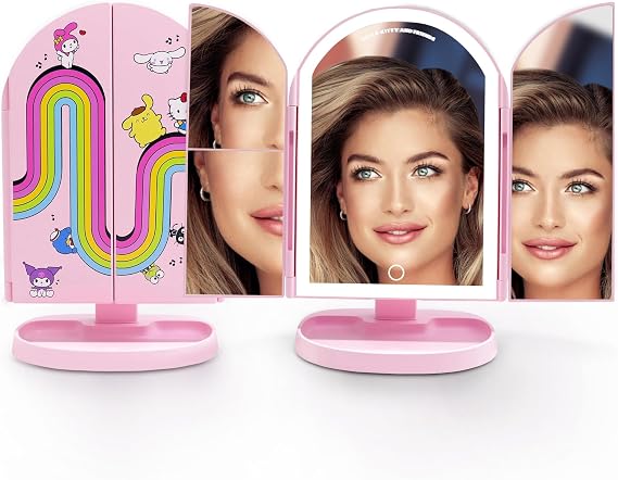 Impressions Vanity Hello Kitty and Friends Core Arch Trifold LED Makeup Mirror for Desk, 3 Way View Foldable Vanity Mirror with Lights, 2X and 3X Magnification, Adjustable Tilt and Soft Touch