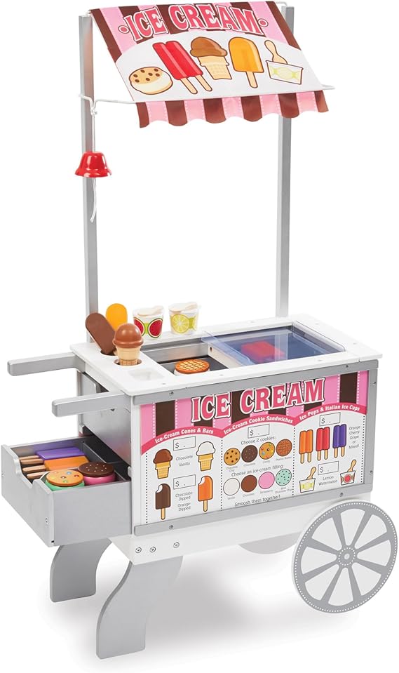 Melissa & Doug Snacks & Sweets Food Cart with Play Food, Wooden Toys & Kids Play Kitchen Accessories, Preschool Learning Toys for Girls & Boys 3+