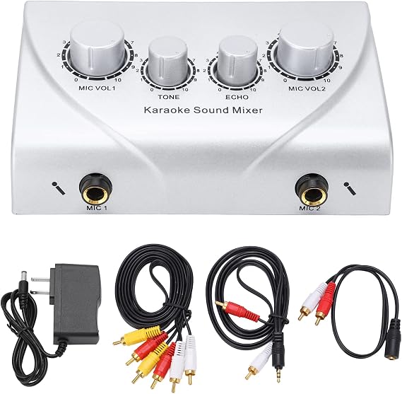 Portable Karaoke Mixer Professional Digital Audio Sound Karaoke Machine Echo Mixer System for Family Party Entertainment Stage 2 Mic Inputs for TV/PC & Amplifier(Silver)