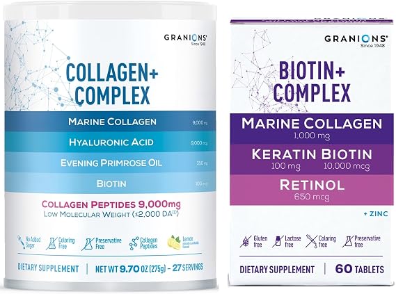 Granions Biotin Keratin Collagen Complex and Marine Collagen Lemon Powder Hair Growth and Beauty Bundle