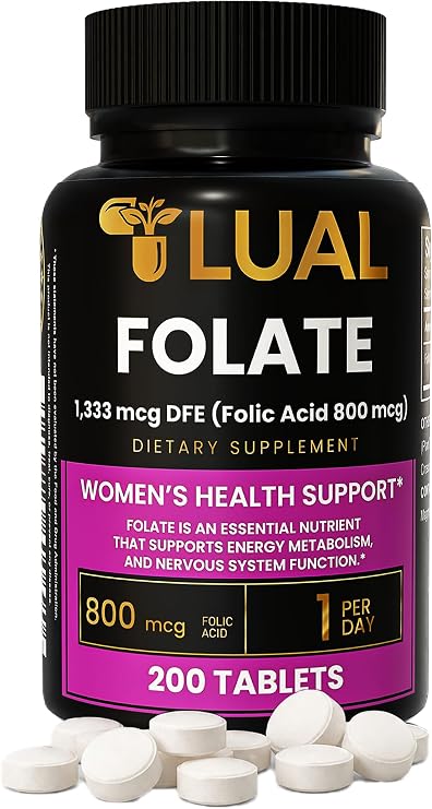 LUAL Folate 1,333 mcg DFE (800 mcg Folic Acid) Womens Wellness Supplement Supports Energy Metabolism & Nervous System Function 200 Tablets