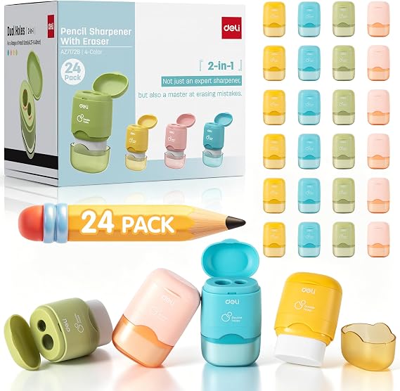 Deli Pencil Sharpener & Eraser, 24 Pack Pencil Sharpeners Manual | Dual Holes Compact Colored Handheld Pencil Sharpener with Lid for Kids, School, Office