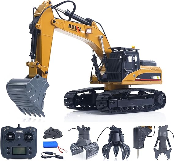 Huina 580 1/14 RC Excavator with Metal Construction | Upgraded engineering model with electric ball gripper, 360° scissor claw, light and sound