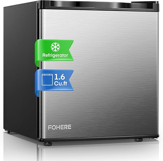 Mini Fridge with Freezer for Office, 1.6 Cu.ft Compact Mini Refrigerator Drinks for Bedroom, Energy Saving 7-Level Adjustable Thermostat, Small Refrigerator for Dorm, Hotel, Stainless Steel